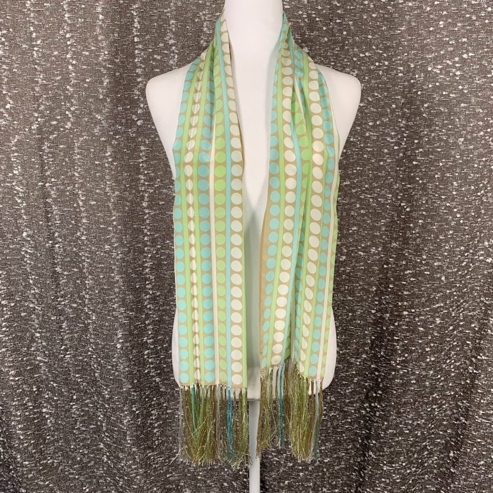 Vintage Casual‎ Corner Multicolor Polka Dot Fringe Silk Scarf Boho Y2K